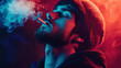 © timurlan999 - Young man smoking a cigarette in neon light with eyes closed