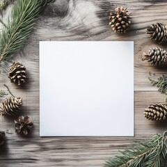 Aufkleber - Minimalist design with blank square in center surrounded by pinecones and pine branches on wooden surface. Generative AI