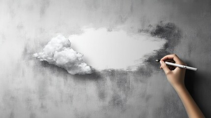 Poster - Creative hand painting a white cloud on a textured gray wall with empty space for additional text or design elements. Generative AI