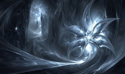 Wall Mural - Glowing fractal flower in dark abstract landscape, ideal for fantasy or sci-fi backgrounds