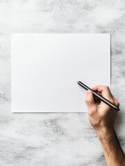 Poster - Writing space with a blank sheet and a hand holding a pen. Generative AI