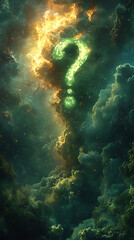 Wall Mural - Mysterious cosmic question mark emerging from vibrant clouds in a surreal space environment