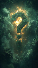 Wall Mural - mysterious glowing question mark emerging from dark, swirling clouds, evoking curiosity and wonder