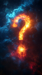 Wall Mural - fiery question mark emerging from vibrant clouds, symbolizing mystery and curiosity in a cosmic scen