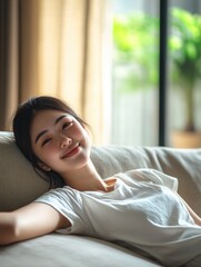 The image depicts a joyful Asian woman reclining on a couch, exuding warmth and relaxation. Her smile radiates happiness and contentment, indicating a sense of tranquility in her surroundings.