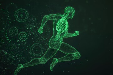 Wall Mural - Human Figure in Motion with Skeleton and Digital Elements Background