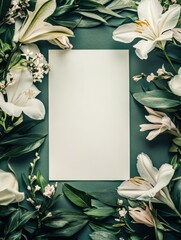 Poster - Elegant floral arrangement with blank space for text on a green background creating a serene and inviting atmosphere. Generative AI