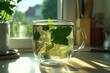© vefimov - Close-up of a glass of herbal tea with fresh mint and lemon balm leaves, sitting on a windowsill in natural sunlight. A refreshing summer drink to enjoy indoors.