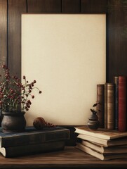 Poster - Creative mock up space in a cozy library with empty frame for text and vintage books on wooden shelf. Generative AI