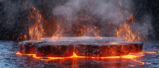Wall Mural - fantastic shot with a blazing rock on the background of lava. suitable for illustrations in fantasy 