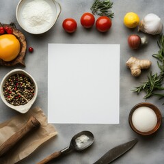 Aufkleber - Creative cooking workspace with fresh ingredients and blank sheet ready for recipe ideas and food styling. Generative AI