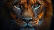 © Ika - Close-up portrait of a majestic lion, intense gaze, dark background.