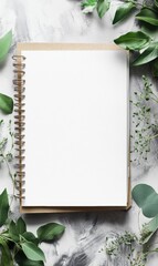 Aufkleber - Blank spiral notepad surrounded by green leaves on a textured surface suitable for notes or creative writing. Generative AI