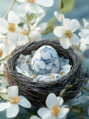 Wall Mural - Easter egg in nest from white flowers