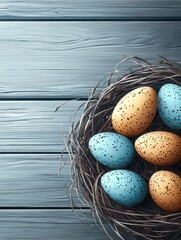 Wall Mural - Colorful eggs in a nest as easter decoration against grey planks