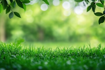Poster - Lush green grass with natural bokeh background and ample copy space for text placement and design elements. Generative AI