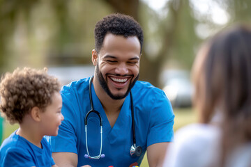 Smiling male pediatric nurse in blue uniform and stethoscope interacting with children outdoors