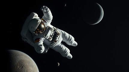 Wall Mural - An astronaut floating in space, with planets and stars around them