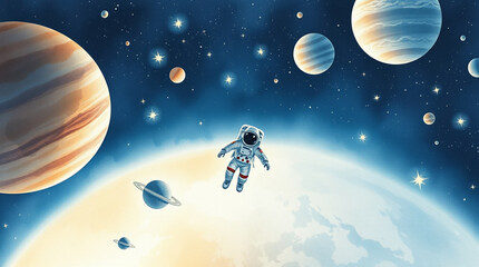 Wall Mural - An astronaut floating in space, with planets and stars around them