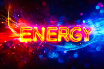 Futuristic styled sign ENERGY glowing orange color on abstract vibrant dynamic background.