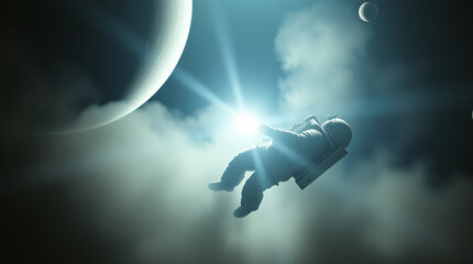 Wall Mural - An astronaut floating in space, with planets and stars around them