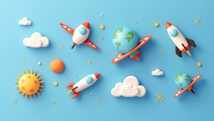 web with satellites icons 2d flat icons illustration