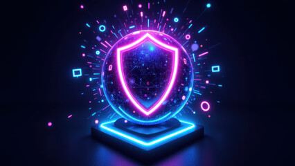 Wall Mural - A futuristic digital shield with a vibrant light display symbolizing internet security and cybersecurity.