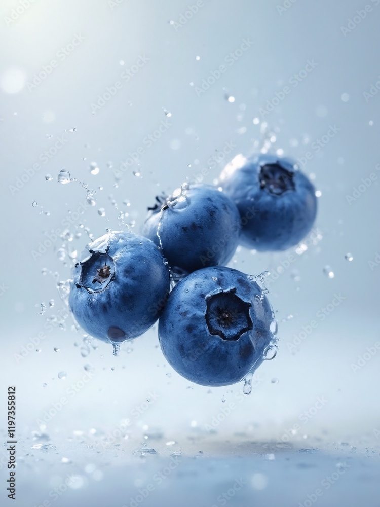 Floating blueberries with rich blue tones and water mist, captured in ...