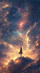 Wall Mural - young figure stands amongst cosmic clouds illuminated by vibrant stellar colors at twilight