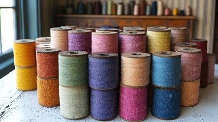 Colorful spools of thread arranged neatly on a table in a craft studio with flowers in the background