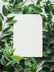 Leinwandbilder - Blank paper surrounded by various green leaves creating space for creative text ideas and designs. Generative AI
