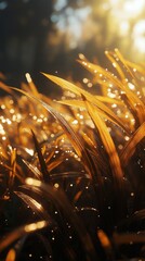 Wall Mural - Morning sunlight illuminates dew-covered grass in a serene winter landscape