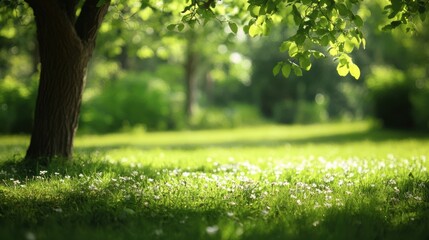 Aufkleber - Sunlight filters through leaves in a serene green space ideal for relaxation or contemplation in a garden setting. Generative AI