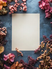 Leinwandbilder - Elegant composition featuring space for text surrounded by dried flowers on a dark blue background. Generative AI