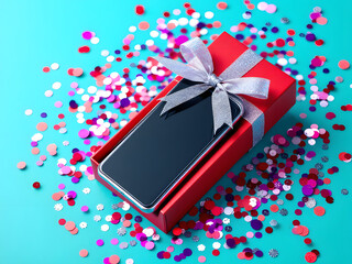 Gift, Present, Smartphone, Box, Ribbon, Red, Bow, Celebration, Festive, Holiday, Christmas, Birthday, Surprise, Tech, Gadget, Mobile, Phone, New, Shiny, Modern, Elegant, Luxury, Special, Occasion, Joy