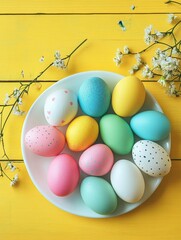 Wall Mural - easter, holidays, tradition, advertisement and object concept - close up of colored easter eggs on plate over yellow wooden boards background