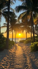 Wall Mural - Serene sunset over tropical beach with palm trees and golden sand on a tranquil evening