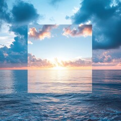 Poster - Serene ocean view with tranquil waters and clouds at sunset in a customizable mock up space. Generative AI