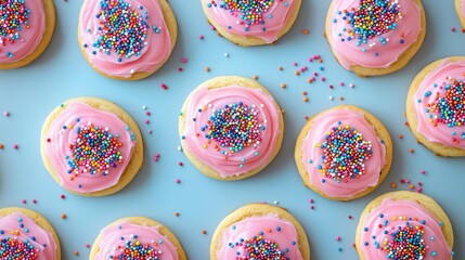 Wall Mural - Pink frosted cookies with rainbow sprinkles on a blue background