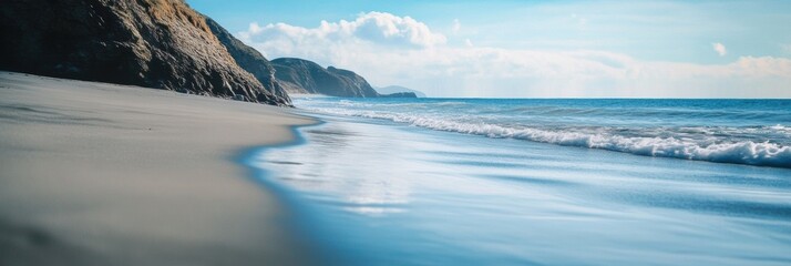 Fototapete - Tranquil beach landscape with calm waves and clear sky overlooking sandy shore. Generative AI