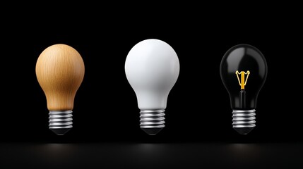 Wall Mural - Illuminating Ideas: Three lightbulbs—wooden, white, and black—stand in a row against a stark black background, symbolizing diverse perspectives and the spark of innovation.