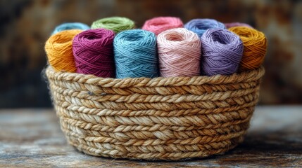 Wall Mural - Colorful yarn spools in a woven basket showcase vibrant crafting supplies for creative projects