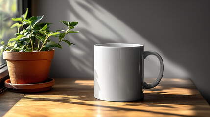 Wall Mural - White mug mockup on the windowsill. 3d rendering.