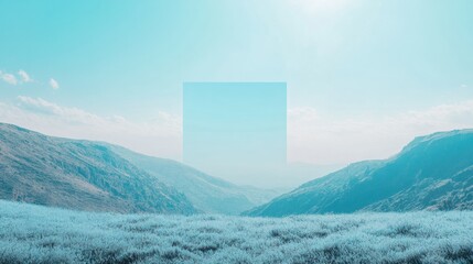 Poster - Expansive landscape with customizable text area surrounded by hills and a serene blue sky. Generative AI
