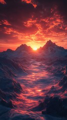 Wall Mural - Sun setting over mountain range creating a vibrant skyline at dusk