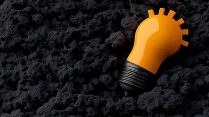 Wall Mural - Orange Lightbulb in Dark Soil: A vibrant orange lightbulb with a unique gear-shaped filament rests in dark, rich soil, symbolizing the germination of a groundbreaking idea or innovation. 