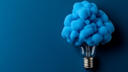 Wall Mural - Blue Sky Thinking: A lightbulb with blue, puffy, smoke-like cloud bursts erupting from the top, symbolizing innovative thought and creative inspiration, against a bold, deep blue background.