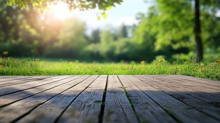 Poster - Natural outdoor space with wooden flooring and ample copy space for creative text. Generative AI