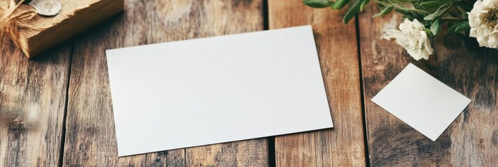 Leinwandbilder - Blank cards on wooden table with flowers providing a cozy space for text creation or design. Generative AI