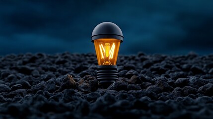 Wall Mural - A Spark of Innovation: A single incandescent lightbulb, glowing brightly, stands out amidst a field of darkness, symbolizing the power of ideas and inspiration in a world of uncertainty. 